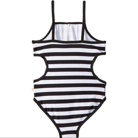 KATE SPADE New York Girls Striped Side Cutout 1 PC Swimsuit Black White sz 12 - Picture 2 of 13